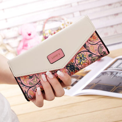 Women Envelope Floral Long Wallet Hit Color Tri-fold Flowers Printing Female  Pu Leather Hasp Coin Purses Lady Clutch Phone Bag