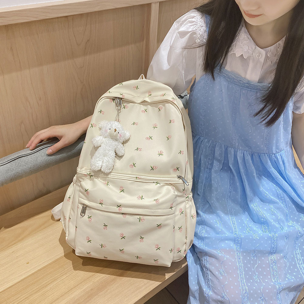 Fashion Floral Prints Backpack Girls Fresh School Bookbag College Students Teenage Girl Bags Mochila with Pendant Decoration