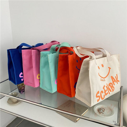 Large-capacity Smiley Canvas Bags for Women Handbags Korean Version Trend New Simple Shoulder Bag Fashion Versatile Shopping Bag