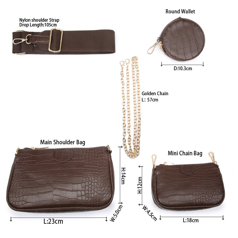 Woman Luxury Designer 3 in 1 Leather Nylon Shoulder Strap Fashion Elegant Handbag set