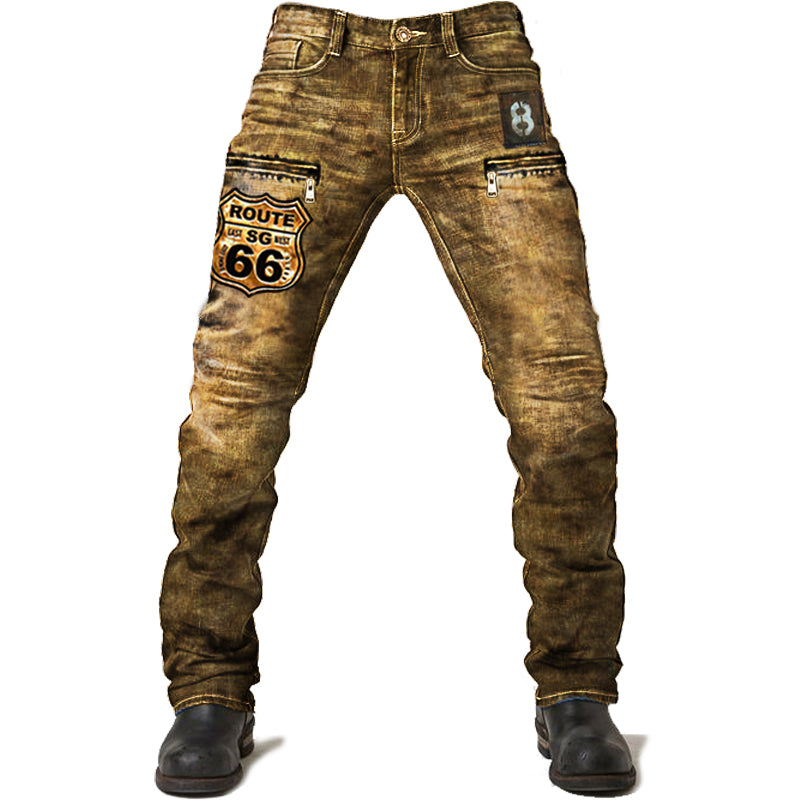 xiangtuibao - Men's Route 66 Retro Washed Tactical Denim Pants