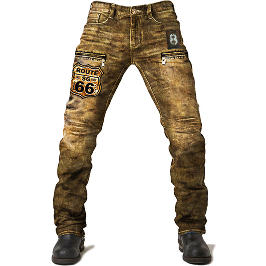 xiangtuibao - Men's Route 66 Retro Washed Tactical Denim Pants