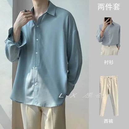 xiangtuibao -  New Men's Sets Fashion Casual Solid Shirt Pullover Button Linen Cotton Comfortable Daily Top Long Sleeve Shirt Set A82