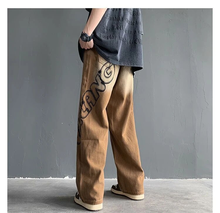 xiangtuibao -  Autumn New Simple Graffiti Jeans for Men and Women Loose Straight Sleeve Vintage Personalized High Street Trendy Wide Leg Pants