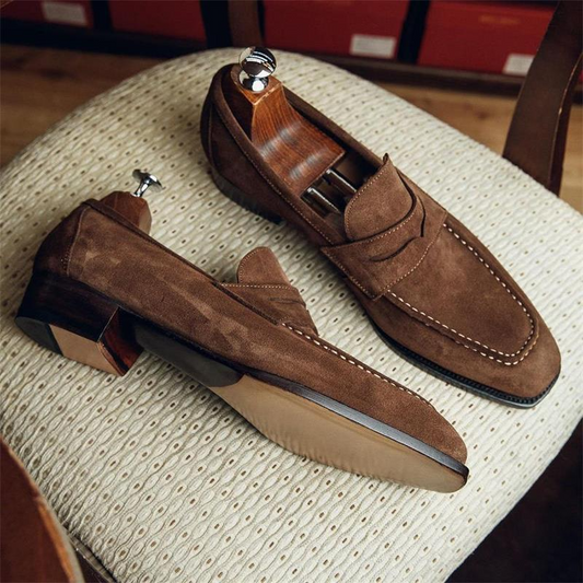 xiangtuibao Fashion Loafers Men Shoes Classic Versatile Business Casual Everyday Square Toe Stitches Faux Suede Solid Color Dress Shoes