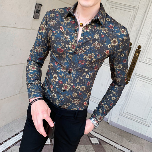 xiangtuibao -  New Spring Printed Long-sleeved Shirt Men's Fashion Button Down Shirt Men Design Brand Slim Fit Chic Flower Shirts W103