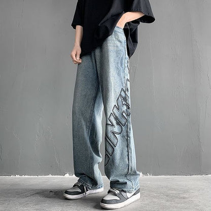 xiangtuibao -  Autumn New Simple Graffiti Jeans for Men and Women Loose Straight Sleeve Vintage Personalized High Street Trendy Wide Leg Pants