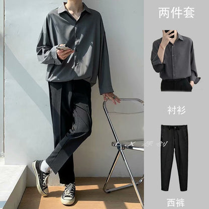 xiangtuibao -  New Men's Sets Fashion Casual Solid Shirt Pullover Button Linen Cotton Comfortable Daily Top Long Sleeve Shirt Set A82